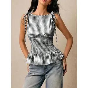 Women's Top Plaid Waist Top Boat Neck Waist Tie Ruffle Hem Shoulder Tie Tank Top Summer Cute Y2k Commute Daily Elastic