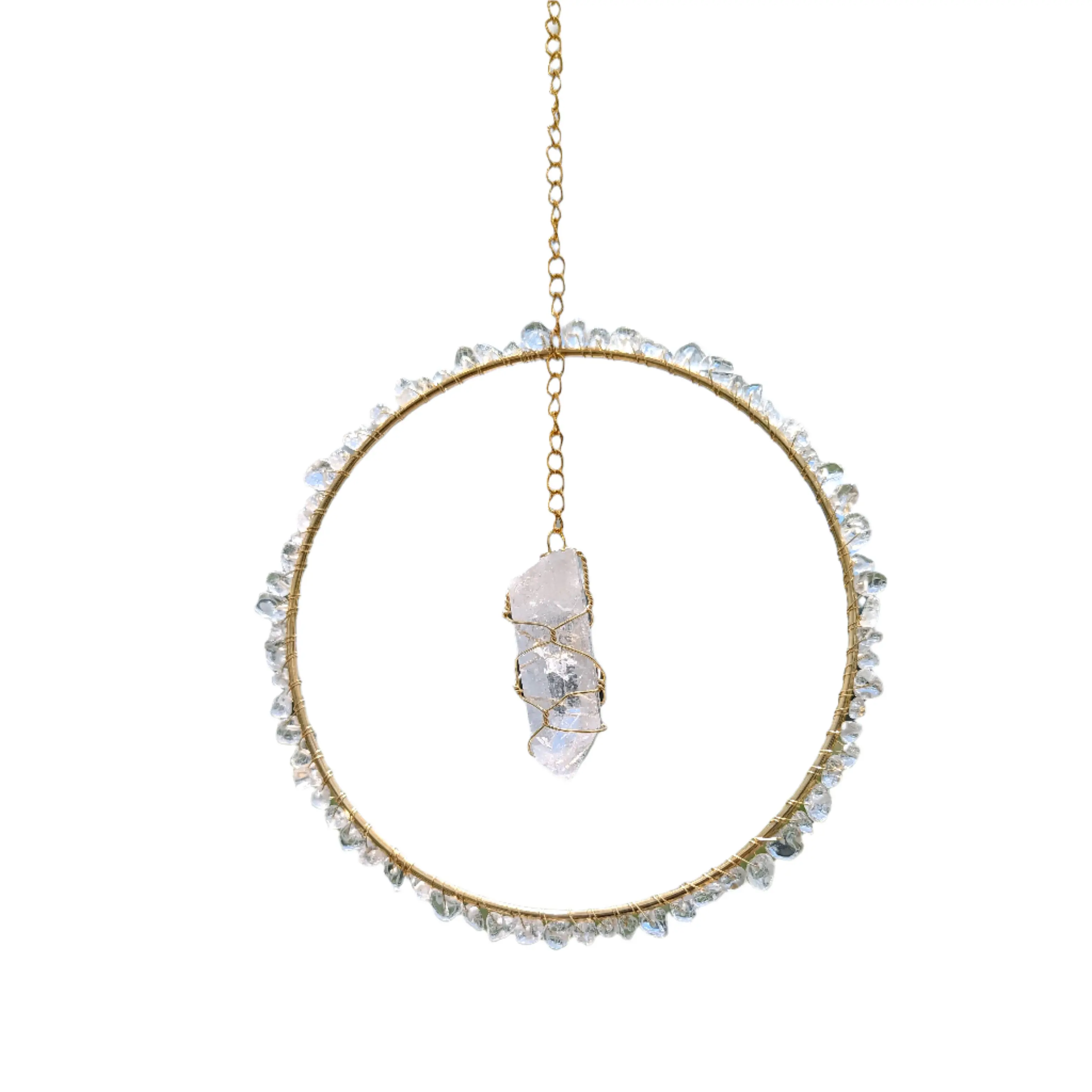 Gold Clear Quartz Suncatcher with Gold Frame and Clear Gemstone