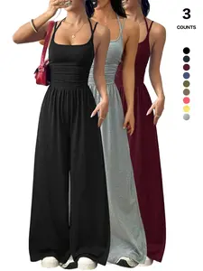 Women's Minimalist Sleeveless Jumpsuit, Pleated Waist Wide-Leg Pants, One-Piece Design, Fitted Style, All-Season Wear, Plain Pattern