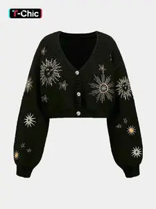 New Knitted Cardigan with Plant Snake Embroidery, Elegant Loose-Fit Long Sleeve Sweater, Knitwear, Fall & Winter Fashion, Soft and Comfortable