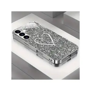 Electroplated Silver Glitter Heart Pattern Tempered Glass Mobile Phone CaseSuitable for iPhone17/iPhone17 air/iPhone17 pro/iPhone17 pro max/16 Pro Max/15 Pro Max/14 Pro Max/13 Pro Max/12 Pro Max/11 Pro Max , Compatible With Samsung Galaxy Series A54/A53
