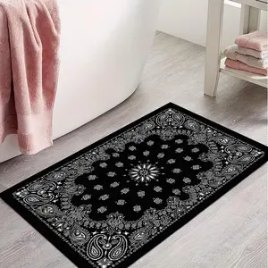 Black paisley Bandana pattern bathroom mat, 1 piece soft and comfortable rug, bathroom non-slip floor mat, bathr area rug, bathroom decorative mat, suitable for home bathroom hotel salon dormitory, bathroom accessories decoration