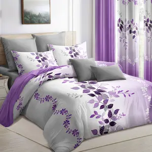 9 Piece Bed Cover Curtain Set with Bedspread Curtain Pillowcase All Season Bamboo Microfiber Floral Print Bedding for Bedroom Dorm Room Home Decor Purple Queen King Full Size with Gift Bag Christmas Fall