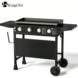 KingChii 32 Inch 4 Burner Gas Griddle with Counter Height Side Shelves Portable Flat Top Grill with Cart Base Non Stick Propane BBQ Grill for Outdoor Backyard Patio