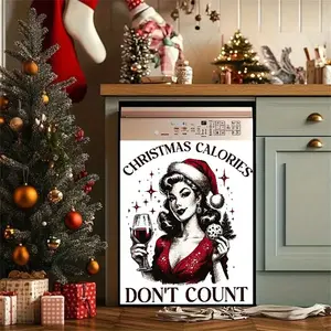 2D Flat 2Pcs Christmas Calories Retro Style Dishwasher Cover Vintage Wine Glass Cookie Design Holiday Art Decor Waterproof Kitchen Appliance Cover Decorative Panel Self-Adhesive Vinyl Film for Refrigerator Washing Machine Christmas Holiday Home