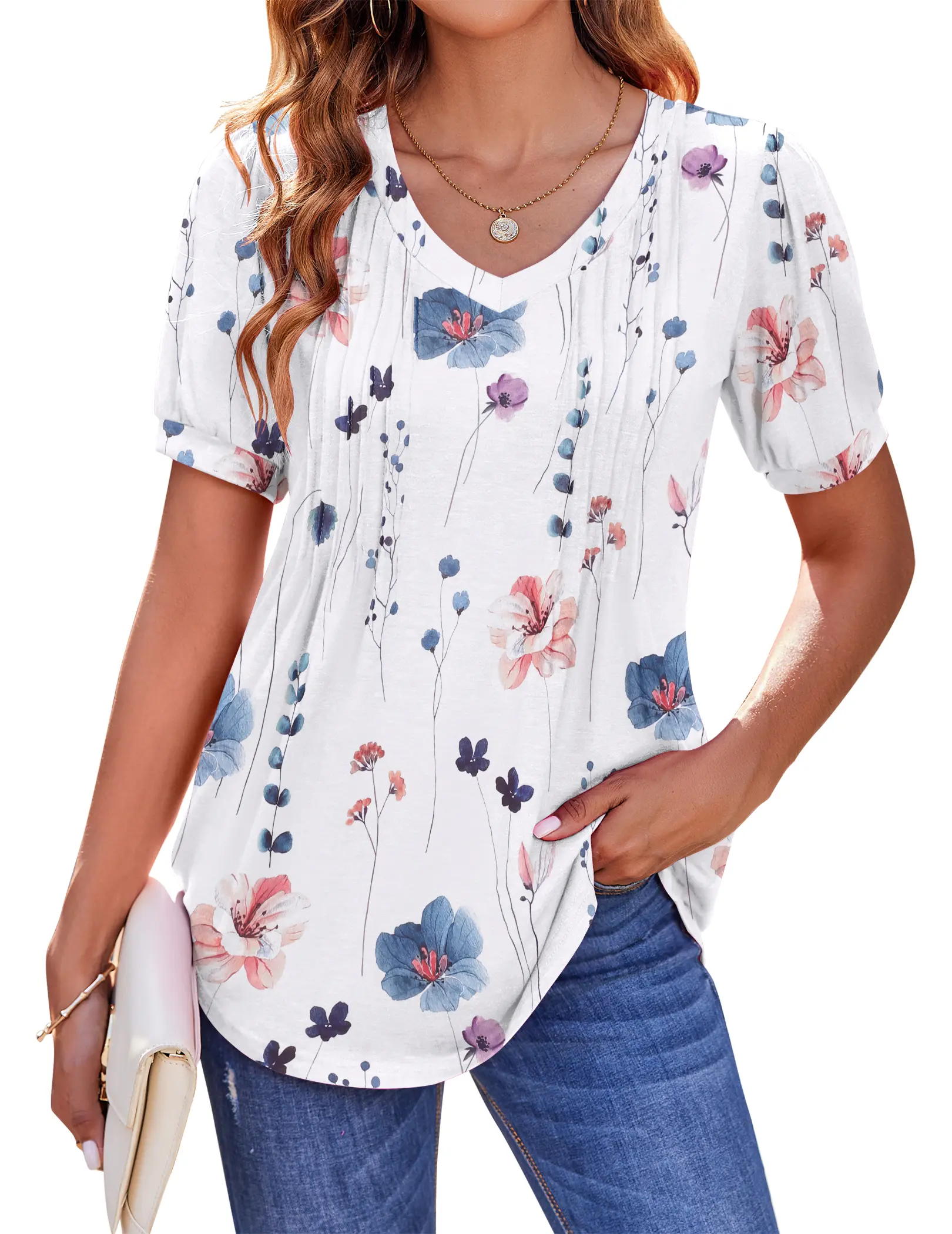 ZEAGOO Women's Fashion Puff Short-Sleeve Boho Blouse - V-Neck, Pleated Tunic Tee, Polyester-Spandex Fabric, Beach-Casual Summer Top (Solid & Floral Prints), Style, Slacks, Essential, Bohemian, Dressy, Feminine