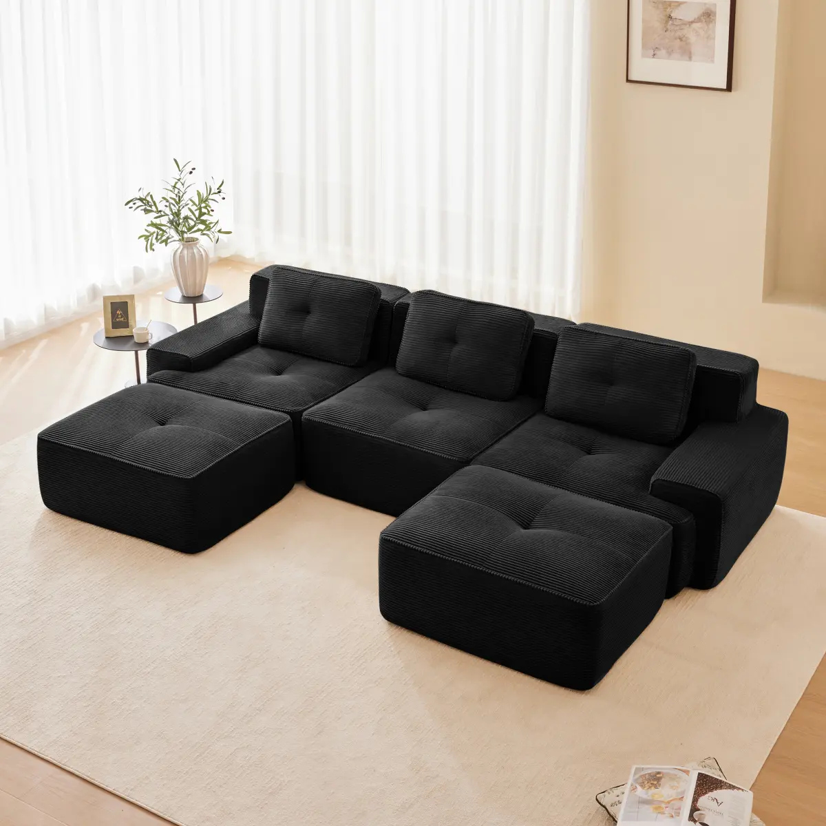 117" Modern U-Shaped Modular Sectional Sofa for Living Room, Corduroy Fabric, 3-Seater Couch with Deep Seat and Movable Ottoman,Pearl-like piping, Tufted Design,No Assembly, Anti-slip Design​,Black
