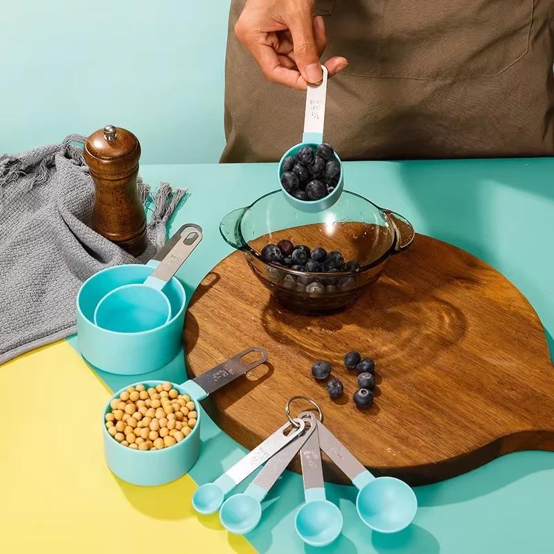 8 Pcs Measuring Cups and Spoons Set, Turquoise Stainless Steel Handle, Kitchen Baking Tools for Cooking, Baking & Coffee, Heavy Duty & Dishwasher Safe