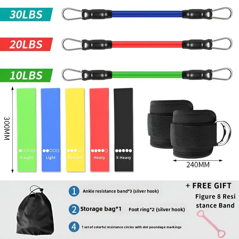 Elastic Ankle Resistance Bands Set with Adjustable Cuffs, Snug Fit Ankle Strap and Figure 8 Band - Adjustable Workout Equipment for Leg, Butt, Glute and Hip Kickback Training, Elastic Band
