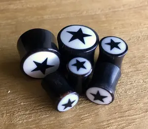 PAIR of Unique Organic Horn Star Plugs with Bone Inlay - Gauges 4g (5mm) up to 1/2" (12mm)