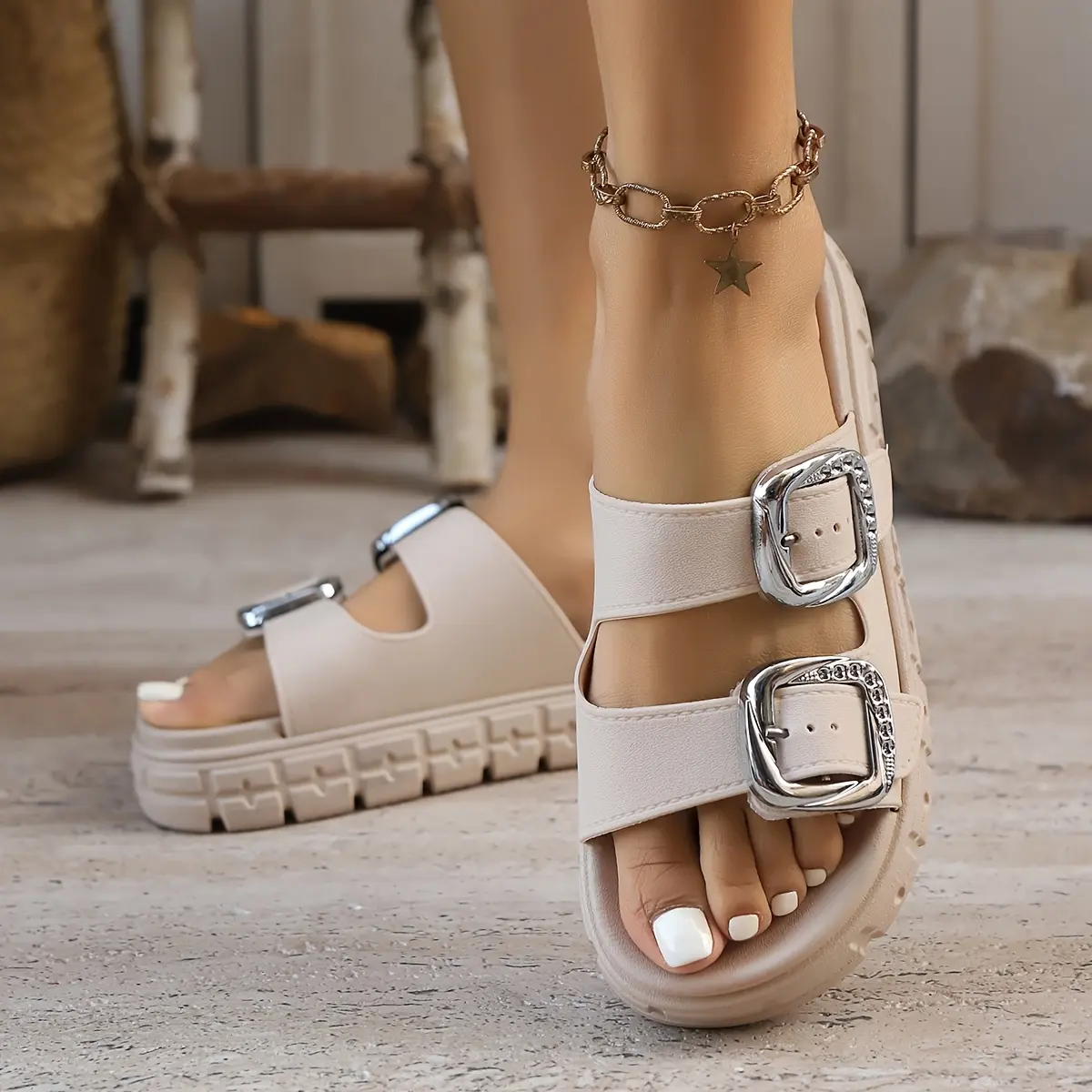 Women's Stylish Chunky Platform Adjustable Slide Sandals - 2 Silver Buttons, Non-Slip Thick Sole, Arch Support, Microfiber Cute Comfy Sandals for Summer Casual Daily Wear, Walking Shoes