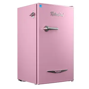 Upstreman mini fridge Retro BR321 PRO 3.2 Cu.Ft with Bottle Opener Energy Saving Adjustable Thermostat Metal Handle LED Lamp Small Refrigerator for Bedroom Office Dorm Pink
