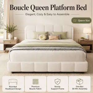 Super Beige Queen Size Boucle Platform Bed with Curved Headboard Modern Soft Upholstered Cloud Bed Frame Easy Assembly Comfy Master Bedroom Furniture Neutral Apartment Finds Aesthetic Room Decor Home Lifestyle Solutions