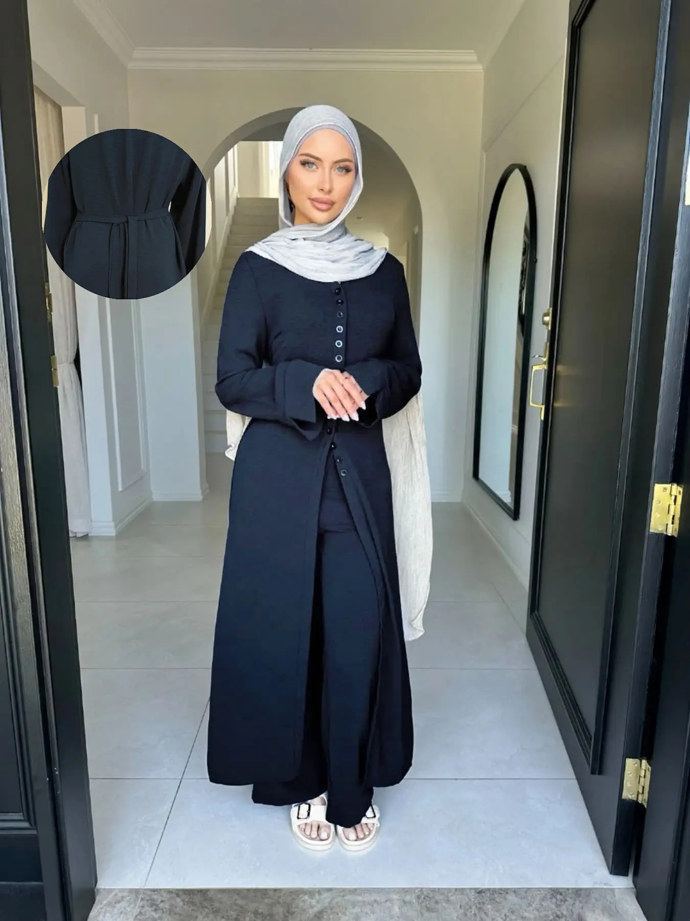 Islamic Muslim Modesty Wear Crepe Button Tunic and Pants Set Abaya Style Outfit for Muslim
