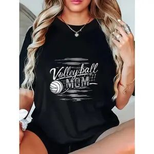 1 PCS Graphic T Shirt for Women Short Sleeve Summer Tops Funny Letter Printed Loose Casual Crew Neck Tees Summer Tops Volleyball Mom With Ball And Net Design Womens Summer Short Sleeve Shirts Beach Vacation Cutton