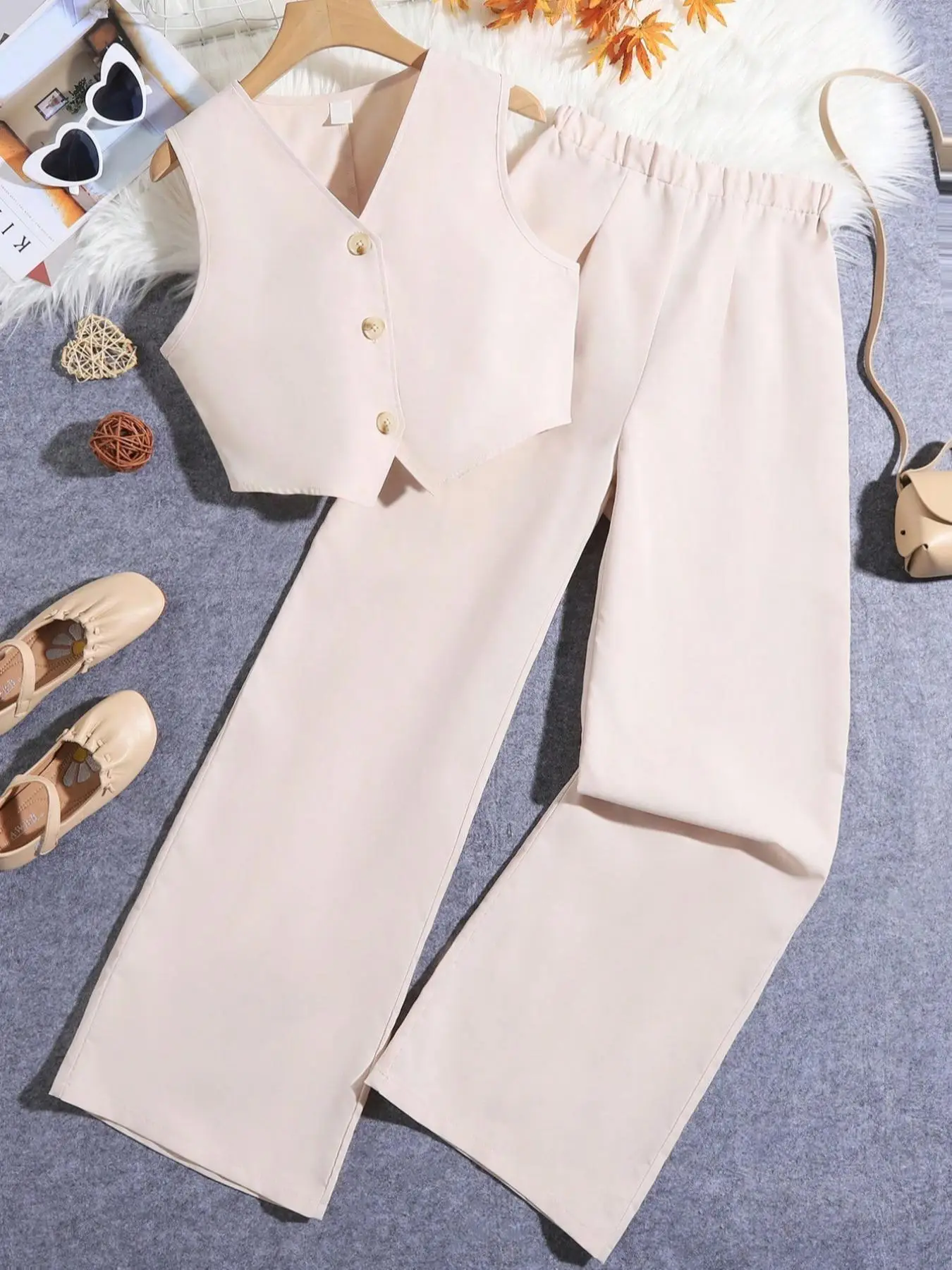 (13-16 Years) Teen 's Solid Button Front Vest & Wide Leg Pants Set, Casual Sleeveless V Neck Top & Trousers for Summer, Elegant Fashion Clothes for Da