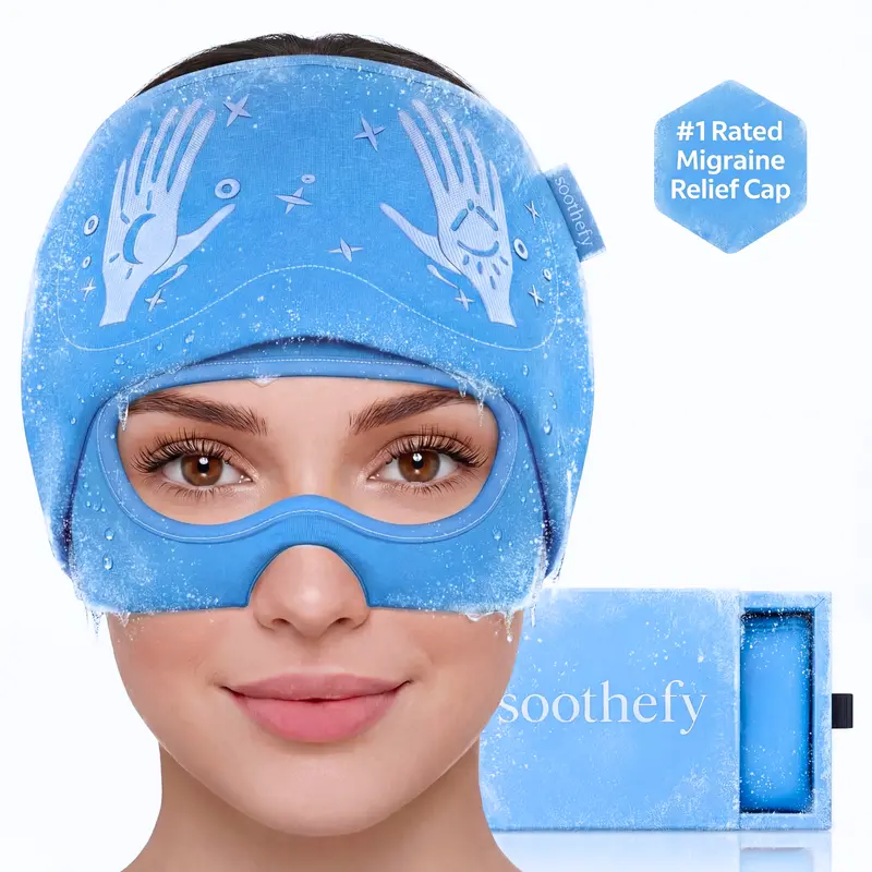 Soothefy Migraine Headache Relief Cap - Built-in Slide-Up Eye Mask - 360° Cooling & Compression Hangover Hat for Hot & Cold Therapy, Ice Head Wrap for Tension and Stress, Gift Soothing Sleep Aid Products