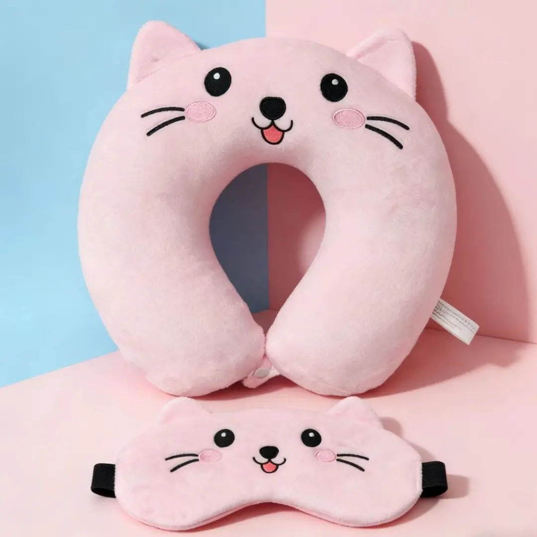 2pcs Cat Neck Pillow Plush Animal Shaped U Shape Neck Pillow with Cute Plush Soft Eyemask, Comfortable and Stylish Design