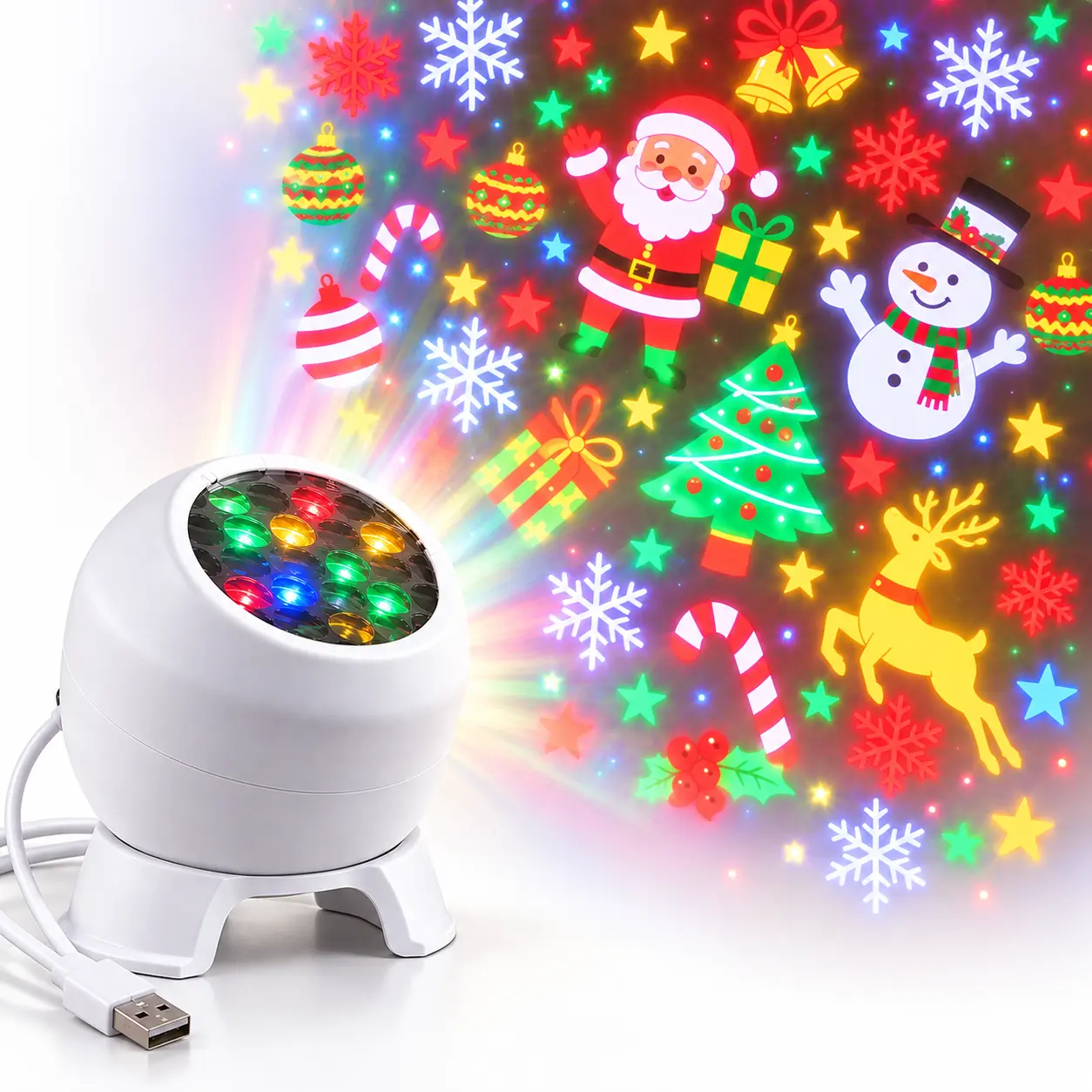 Christmas Projector Lights, USB Powered Holiday Projector with Santa Snowman Snowflakes, Portable Christmas Light for Indoor Bedroom Tent RV Holiday Party Decor