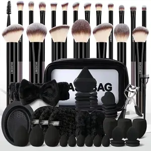 Complete 60-Piece Black Facial Makeup Brush Set: Premium Synthetic Brushes, Eye Tools, Sponge, Puff, Brush Cleaning Tool, Cosmetic Bag, Headband & Wristbands, Ideal Gift for Women on Christmas, Birthday or Any Festival