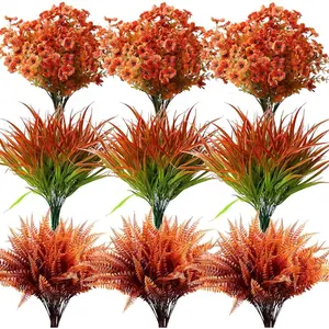 Artificial Pumpkin Flower Plant Decoration 18pcs/set Faux Fall Flowers Grass Ferns Arrangements, UV Resistant Outside Faux Fall Greenery for Pot Garden Window Box Patio Home, Fruit, Artificial Outdoor Plants