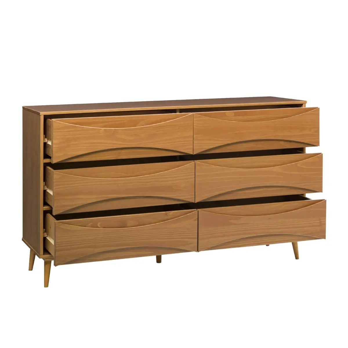 Walker Edison Mid-Century Solid Wood Dresser - 6-Drawer Cupboards Cabinets Dresser, 34.38x19x58.5 in., Curved Fronts, Beveled Edges, Tapered Legs, Caramel Finish, Cabinet Storage, Chest of Drawers, Requires Assembly (Model BRATT6DRDCA-T), Wood Drawers Dre