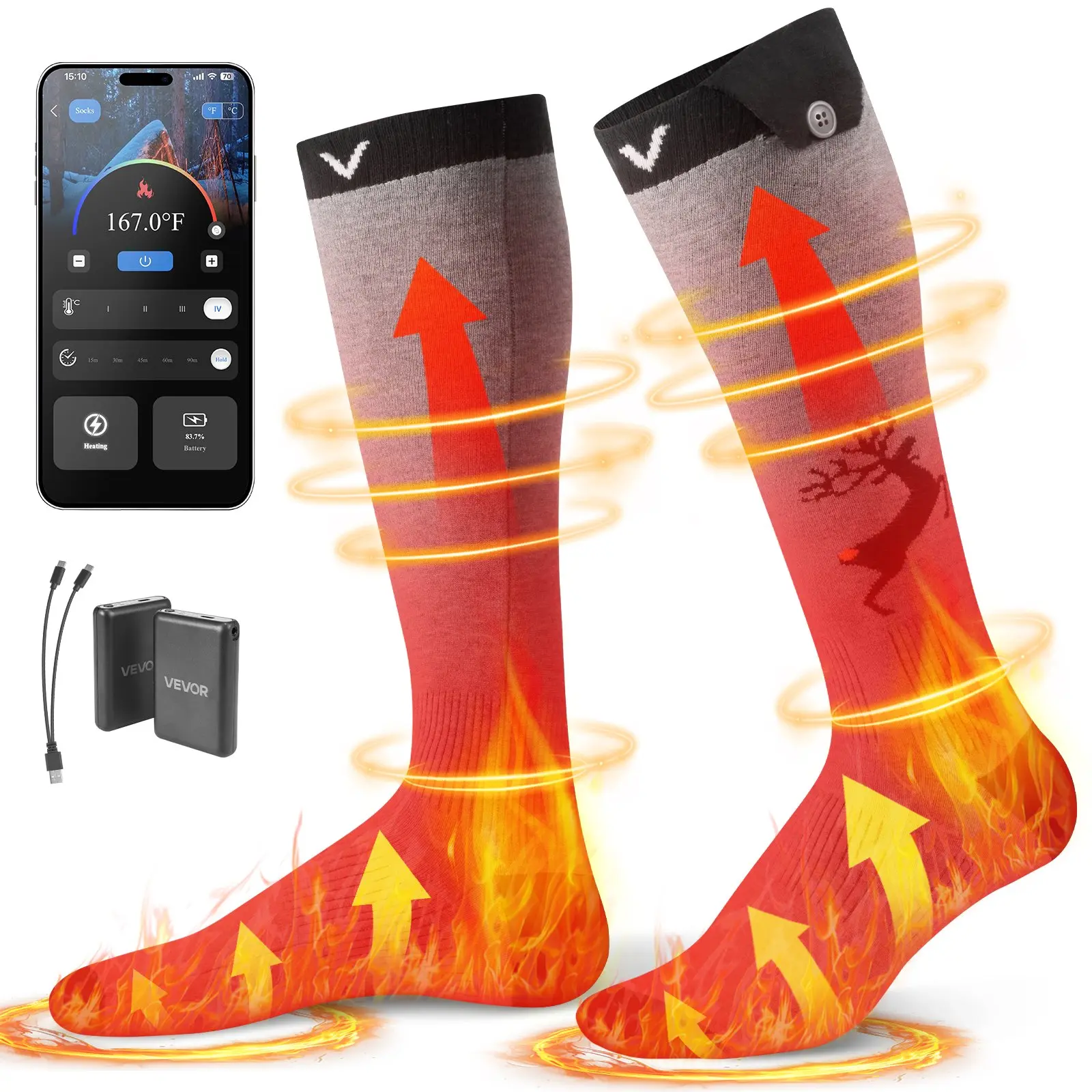【Summerfinds】VEVOR Heated Socks, 6000mAh Battery Powered, Rechargeable Heating Socks with 4 Heating Levels, Electric Heated Sock with APP Control for Men Women, Foot Warmer for Hunting Riding Camping Hiking, 12000Mah, Modal Yarn