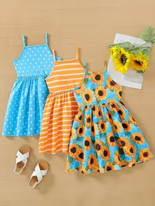 3-Pack Toddler Summer Dresses for Girls, Sleeveless with Fun Polka Dot, Stripes & Sunflower Patterns, Comfortable Flared A-Line Fit, Perfect for Play & Outdoor Fun, Ideal for 4-7 Year Olds