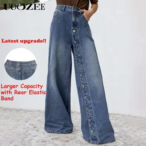 UOOZEE Women's High-Waisted Cotton Denim Basic Jeans - Casual Wide-Leg Loose Bottom with Rear Elastic Band, Pocket, Single-Breasted Button, Breathable All-Season Outfits (Sizing Runs Small, Slight Fading; Check Fit Guide)