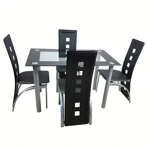 Rectangular Cylindrical Leg Dining Table for Kitchen and Dining Room, 4-Seater with chairs, Tempered Glass, Stainless Steel, Black Edge, Clear Glass, 43*28*29 in diningtable