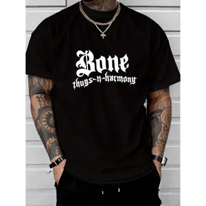 Ivan Cornejo Men's Black Cotton T-Shirt with Bone Thugs-N-Harmony Print Crewneck Short Sleeves Pure Cotton Soft Breathable Classic Machine Washable Blends Streetwear Dadwear Perfect Summer Top Ideal Dad Gift for Casual Tropical  Style Fabric Menswear tee