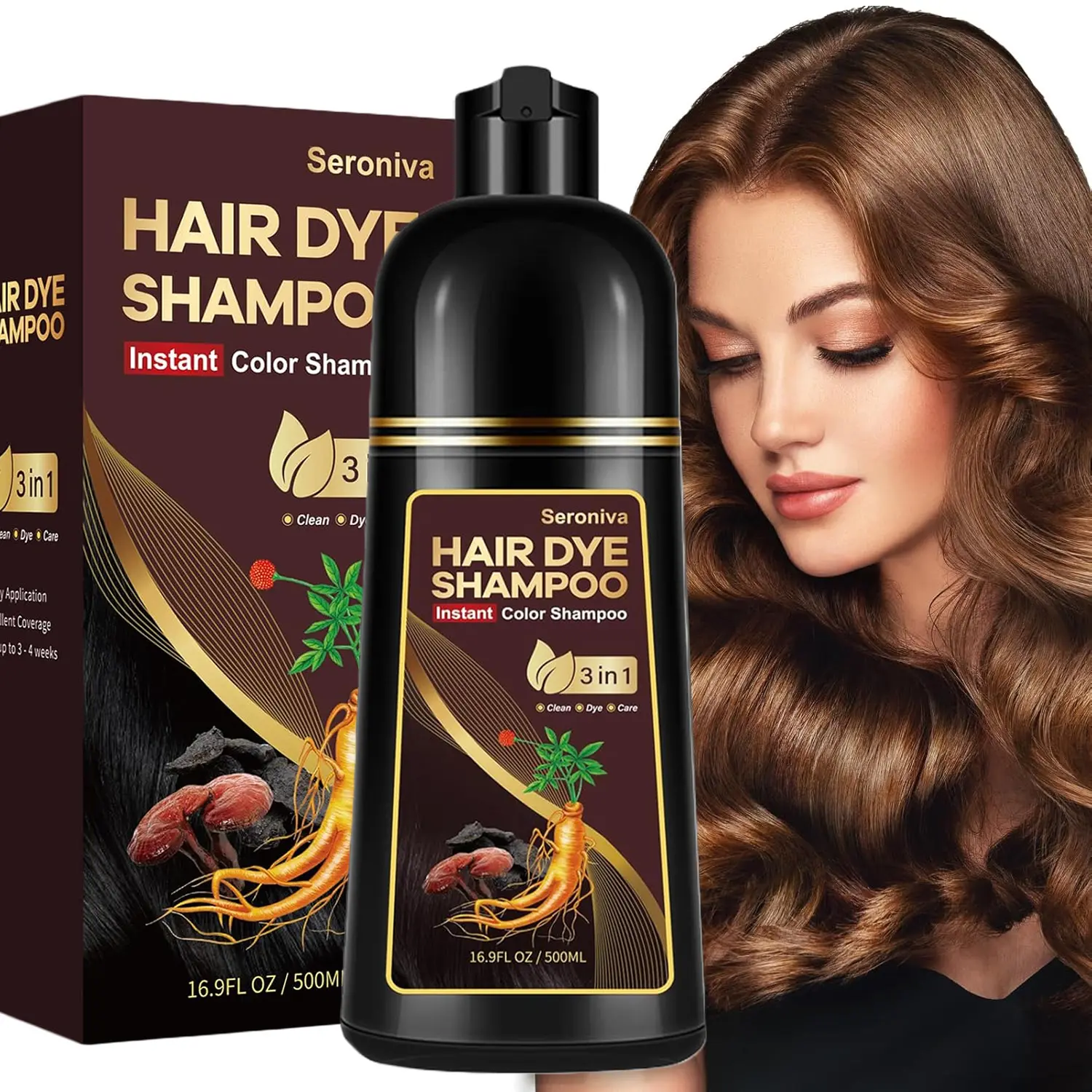 Dark Brown Hair Dye Shampoo 3-in-1, 100% Gray Hair Coverage in Minutes, Instant Brown Shampoo Hair Dye, Hair Color Shampoo for Women & Men, Coloring Shampoo for Dyeing Gray, 16.9 Fl Oz