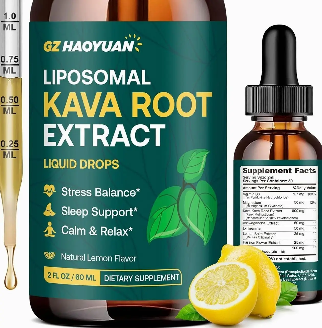 Liposomal Kava Kava Drops for Calming & Relaxation – Kava Root Extract Supplement with GABA, Ashwagandha & Magnesium - Support Mood & Better Sleep, Fast-Absorbing Vegan Kava Liquid Drops Lemon 2 Fl Oz