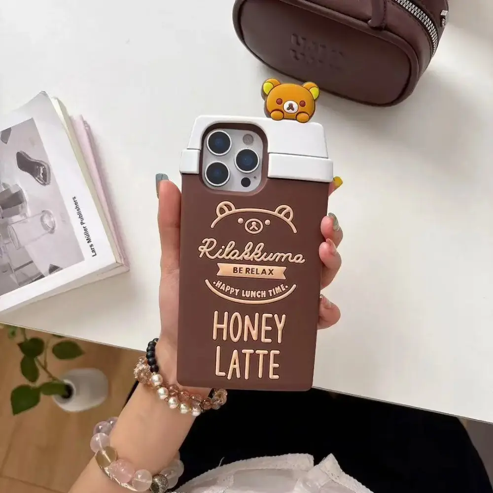Cute Bear Coffee Cup Silicone Phone Case for iPhone 17 16 15 14 13 Pro Max - Shockproof Cellphone Accessory Protective Cover Casing Decorative Smartphone Protector