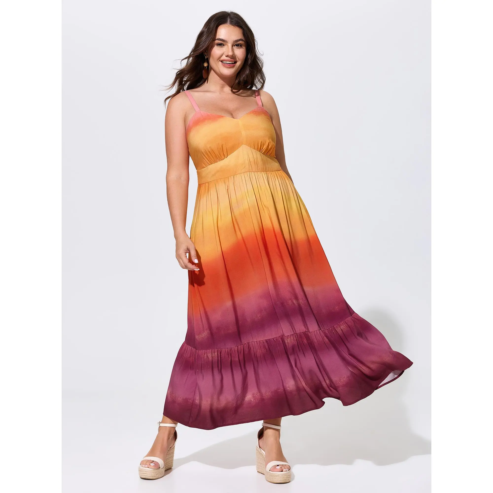 BloomChic Plus Size Boho Color Gradient Maxi Dress, a Sleeveless Casual Rayon Garment with a Cinched Waist, Fabric, Fit, Clothes, 14-16/1X, Cold Wash, Low Iron, 18-20/2X, Smooth, Polyester, Women, Casual Wear, Multicolor, Lady, Going Out, Long Length, Omb