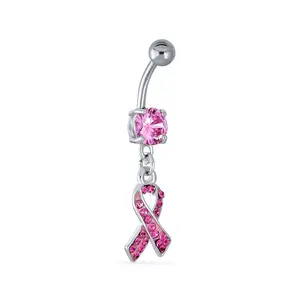 Crystal Pink Ribbon Breast Cancer Survivor Belly Ring Bead Dangle Surgical Steel
