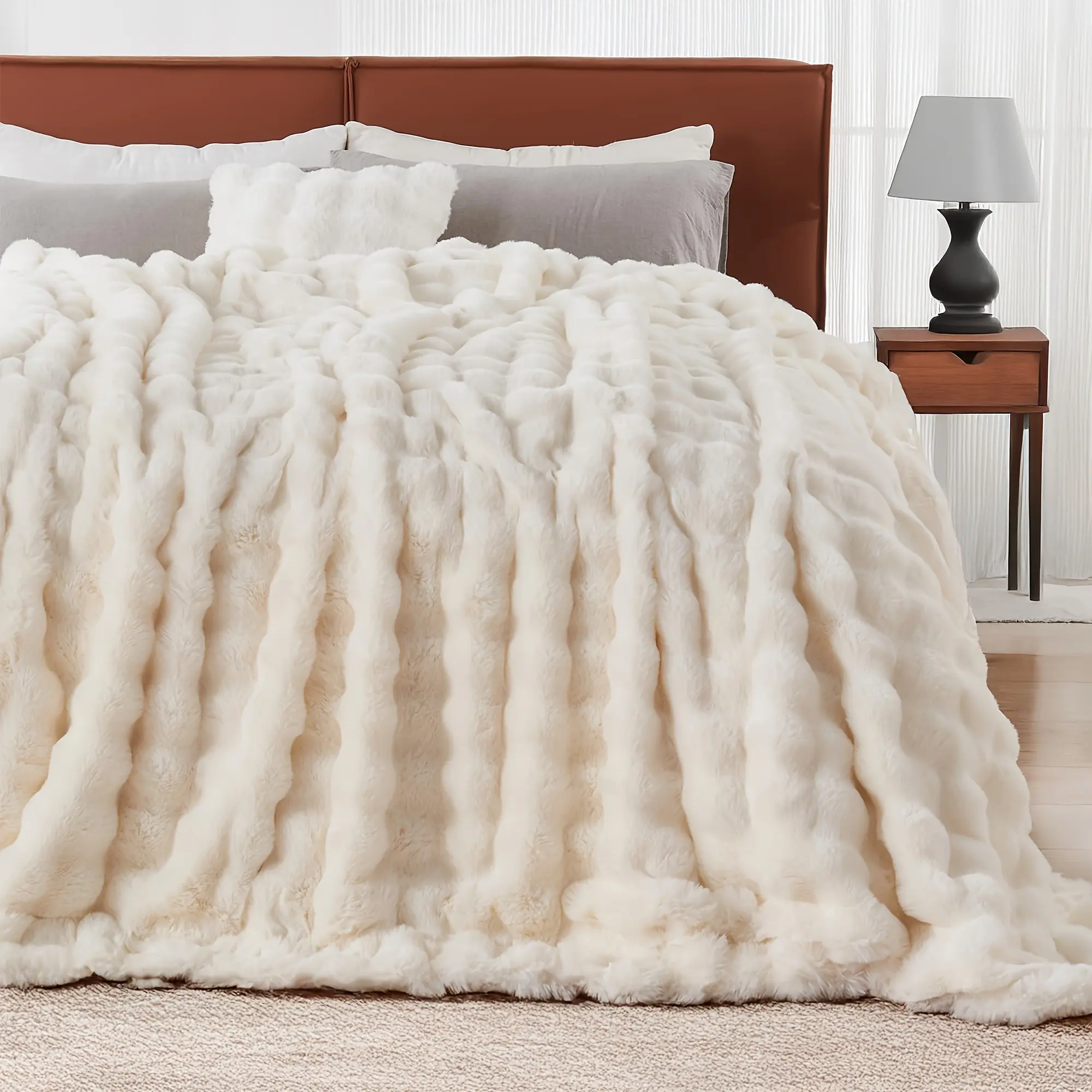 79" X 91" Throw Blanket for Couch Ivory Soft Flannel Fleece 3D Bubble Thickened Bed Blanket Faux Rabbit Fur Blanket - Warm and Cosy Throw for Bed, Sofa, Dorm, Car & Travel - Perfect Gift All Season Use Christmas Home Decorations 71" X 79"