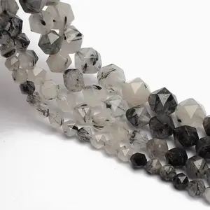 Natural  Black Rutilated Quartz  Gemstone Faceted Round Loose Beads Star Cutting Beads For DIY Jewelry Making Desig Handmade Crafts Bracelet, Necklace, Earrings AAA Quality 15.5 Inches Long, Semi Precious Stone, Spacer beads