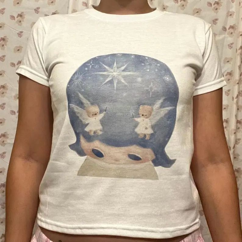 yoshitomo nara inspired baby tee y2k 90s vintage tee dreamy girl top celestial crop storybook inspired cute women's fitted top