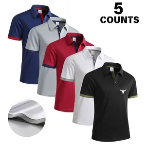 Men’s Colorblock Polo Shirt, Short Sleeve, Turn-Down Collar, Versatile and Comfortable T‑Shirt with Bull Graphic (Pack of 5)