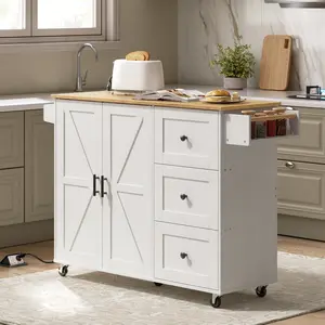 HOOBRO Kitchen Island with Power Outlet, Kitchen Island on Wheels, Rolling Kitchen Island Cart with 3 Drawers, Storage Cabinet and Adjustable Shelf, for Home and Kitchen, White and Natural cupboard#SpringSale #BigSpringSale