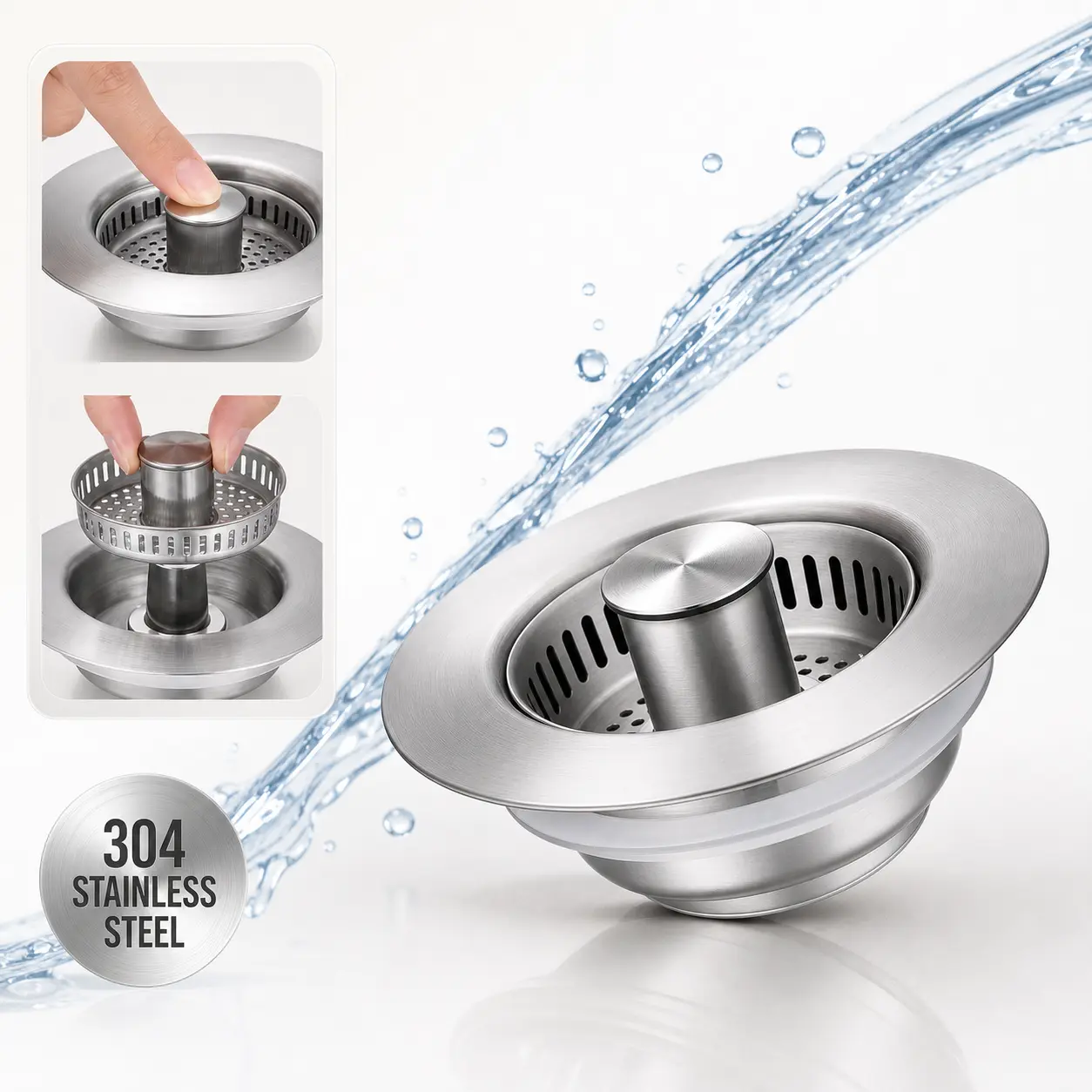 MOMOGILI Upgraded 3 in 1 Kitchen Sink Drain Strainer, Stainless Steel Sink Stopper, Anti-Clogging Sink Food Catcher Basket, Fast Drainage Odor Filter Sink Plug for US Standard 3 1/2 inch Drain 304 Stainless Steel Quality
