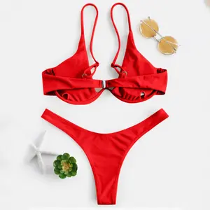 Sexy Underwire Bikini 2025 Mujer Women Solid Red Push Up Bra Thong Swimsuit Halter V Neck Bathing Suit Mini Micro Thong Swimwear