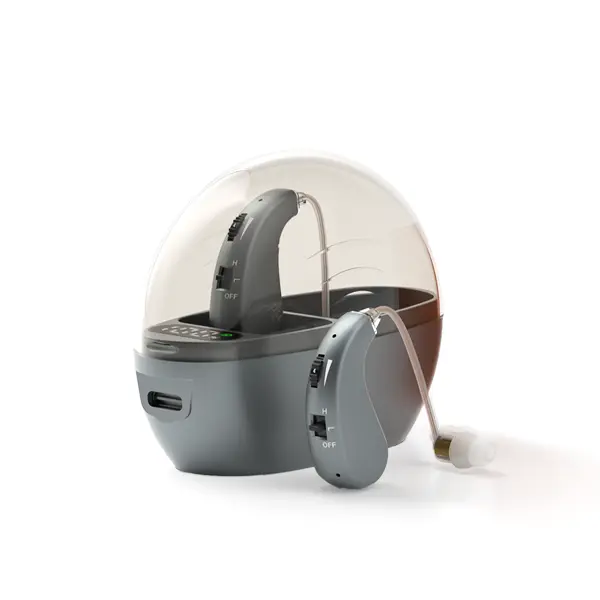 Omhealth Hearingaids  OTC Rechargeable Hearing Aids for Seniors, Digital Sound Amplifiers Pair with LED Display Charging Case, 4 Volume Levels & Noise Cancelling, Grey