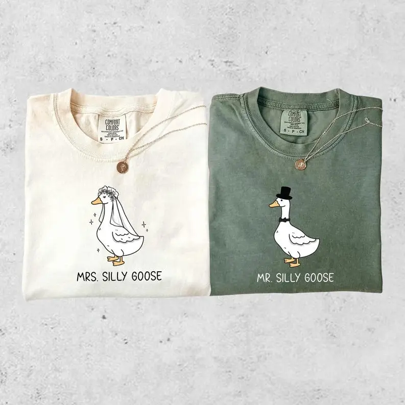 Comfort Colors Mr and Mrs Silly Goose T-Shirt, Bride To Be Funny Goose Lover Shirt, Couple Matching Tee, Wedding Gift, Newlywed Gift For Couple