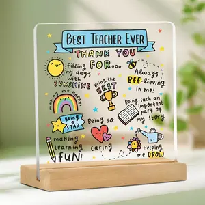 Best Teacher Ever Letter Pattern Acrylic Plaque with Wooden Stand, Creative Desktop Ornament, Teacher Appreciation Gift, Home Decor for Office & Classroom, Signs