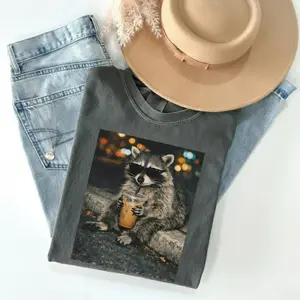 Comfort Colors Funny Raccoon Drinking Iced Coffee Shirt, Animal Meme Graphic Tee