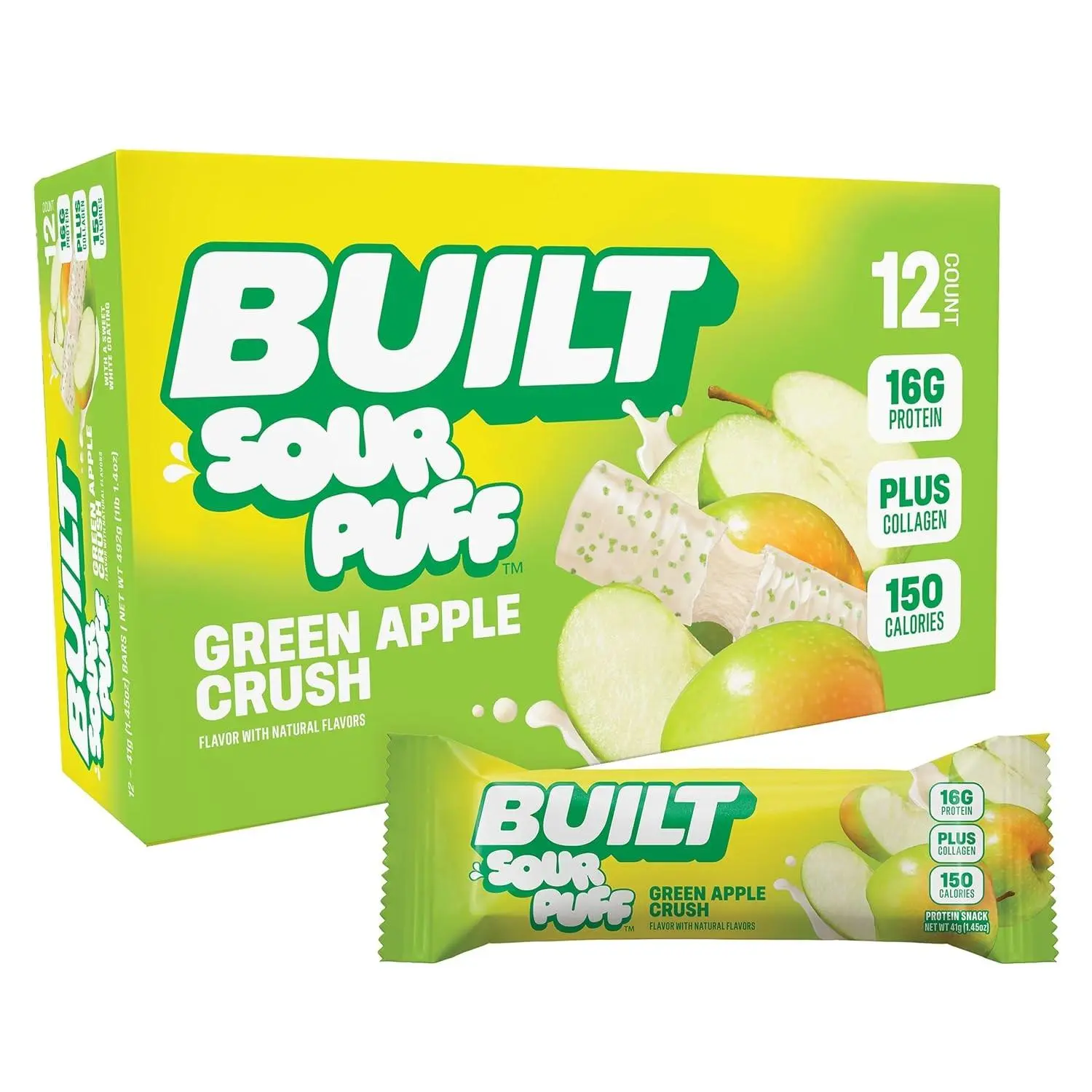 BUILT Sour Puff Protein Bar Green Apple Crush 1.41 oz 12 ct