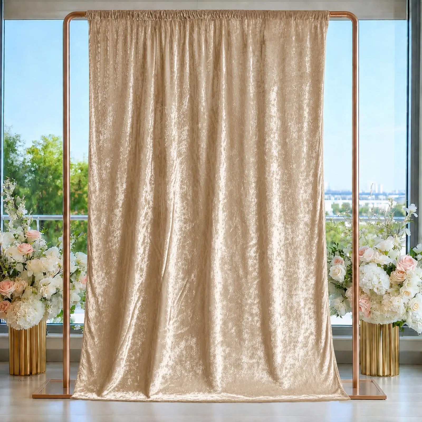 Crushed Velvet Backdrop Curtain – Beige 5ft x 14ft Event Drape with Rod Pocket, Privacy Panel for Photo Booths & Events