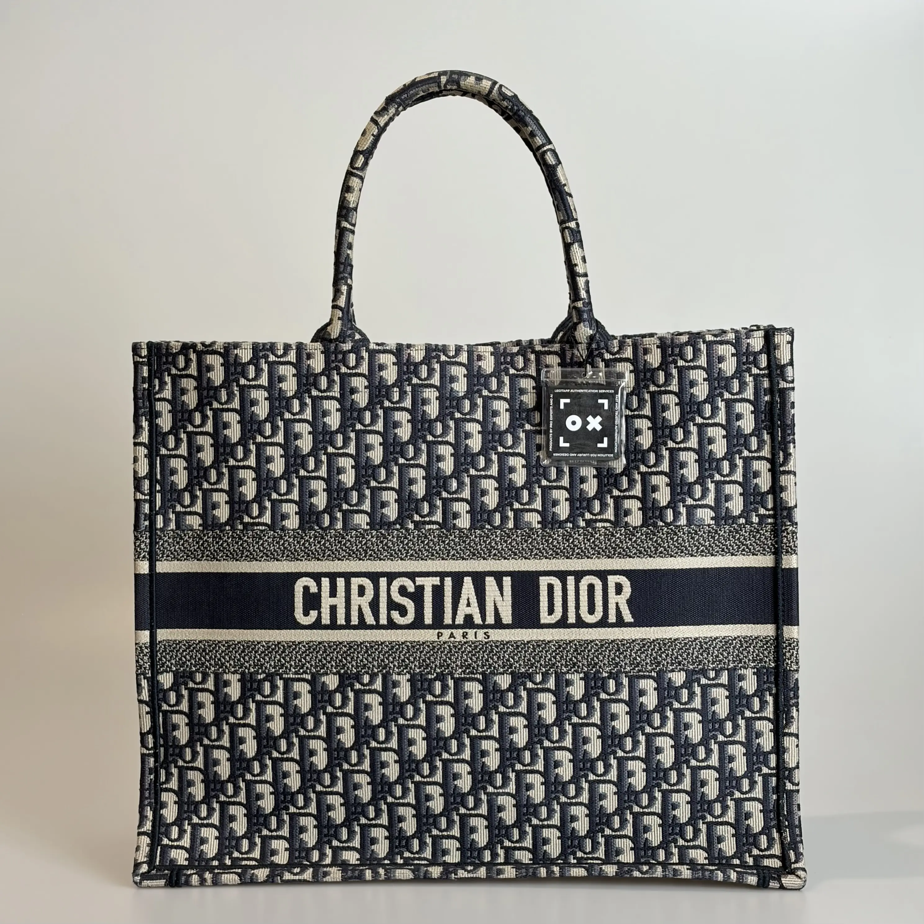 Pre-owned Dior Canvas Tote Bag Book Navy Blue & Beige Oblique Monogram 37084618